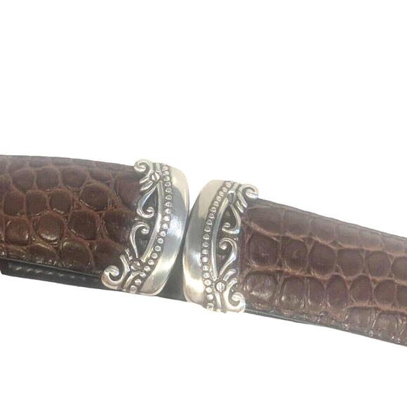 Womens Faux Alligator Belt Black Brown Embossed Round Buckle Reversible Silver - Picture 3 of 5
